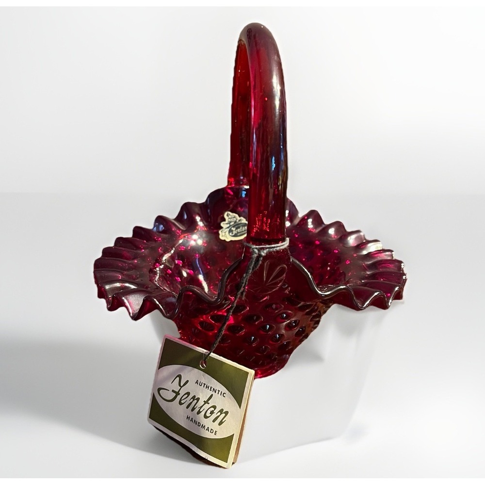 Vintage Fenton Ruby Red Hobnail Glass Basket‎ with Ruffled Edge & Handle TAGS